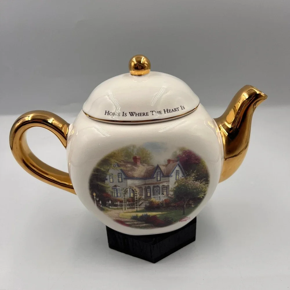 Thomas Kinkade‎ Home Is Where The Heart Is II Teapot Teleflora Gold Trim Ceramic